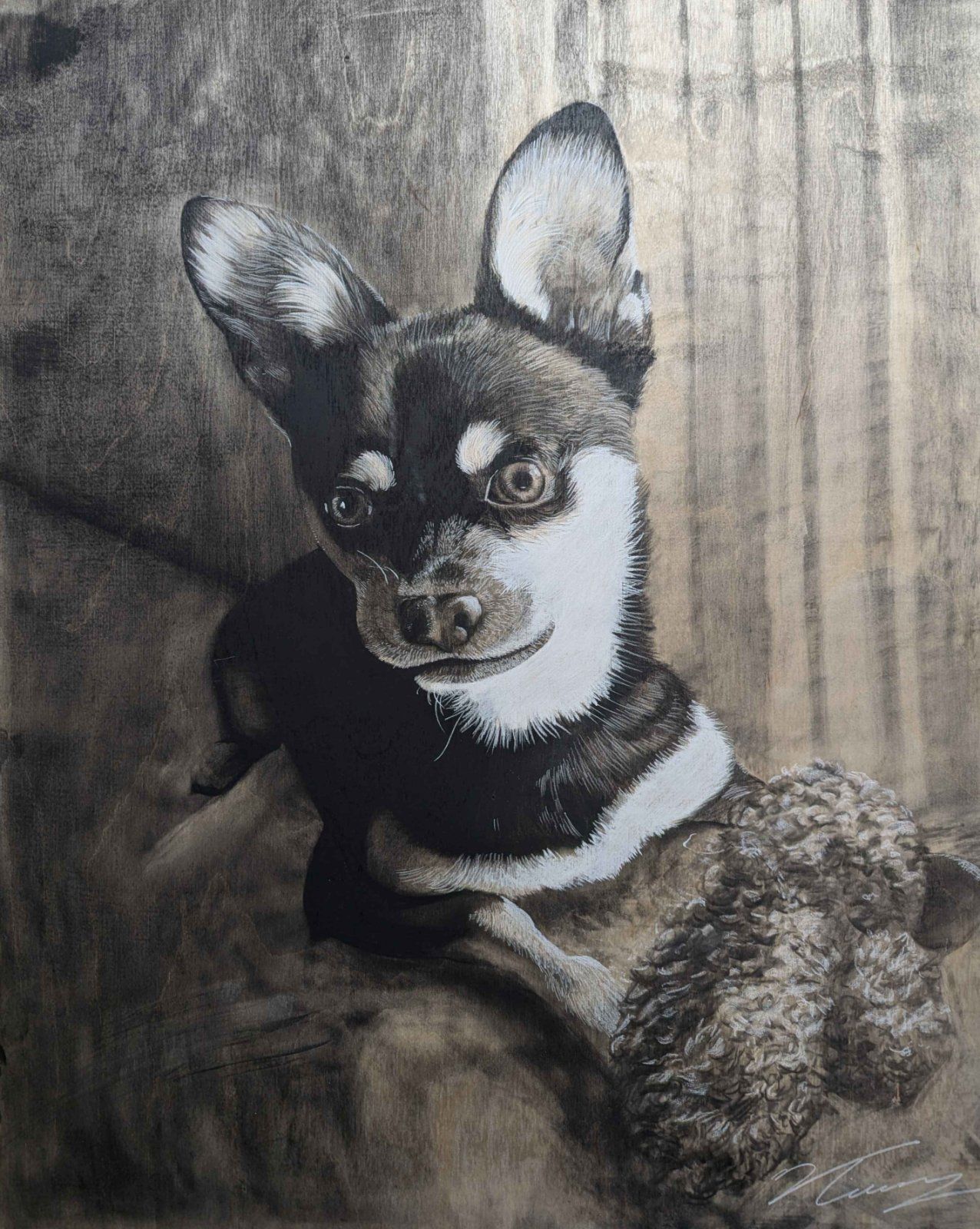 Pet portrait drawing of a small black and tan dog